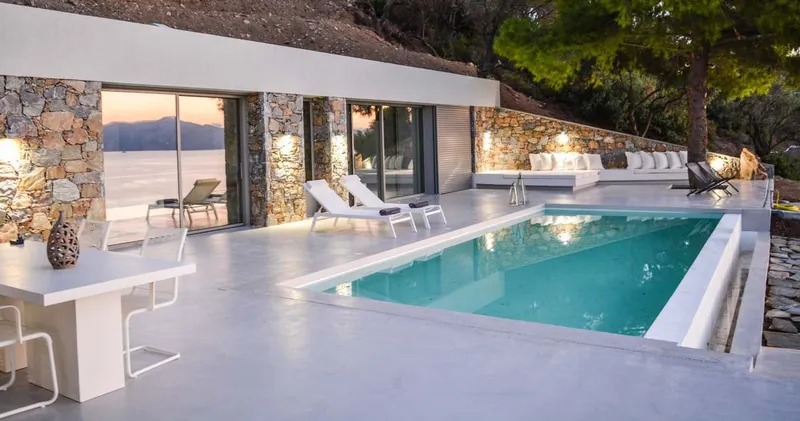 The terrace and the pool in the sun